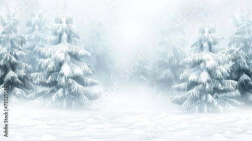 A serene winter landscape with snowcovered fir trees fading into a white misty background photo