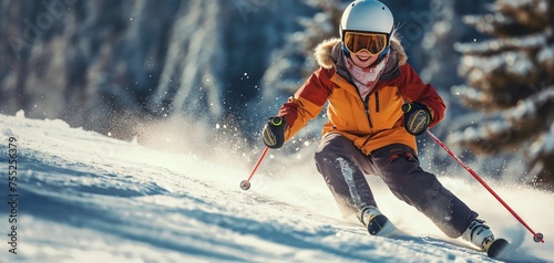 Young teenage girl skiing with happy, smiling face, having fun on the mountain slopes, enjoying her ski break, thrilled to ski at full speed and feeling free, fantastic stay on winter sports resort photo