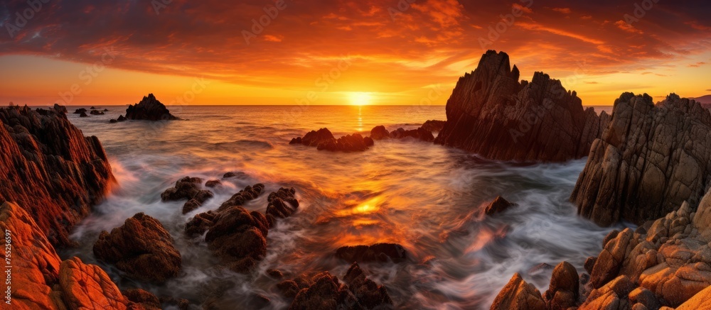 A beautiful sunset painting the sky with vibrant colors over a rocky beach. Waves crash against the rocks, creating a stunning natural landscape