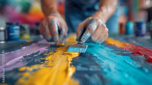 Artist Applying Vibrant Oil Paints on Canvas photo