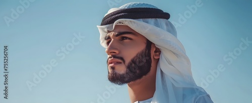 Portrait Close up of Arabian man in traditional outfit, wearing white kandura and black agal and glasses, isolated on background. Headshot, side view, copy space. Ramadan concept. photo