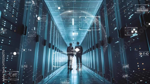 Digital infrastructure with analyzing holographic data streams. 5G and AI concept.