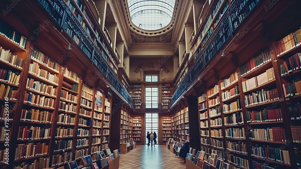 Scene of a library full of bookshelves