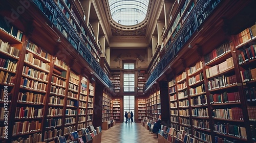Scene of a library full of bookshelves