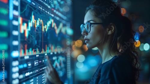 Female Analyst Studying Financial Data on Interactive Display