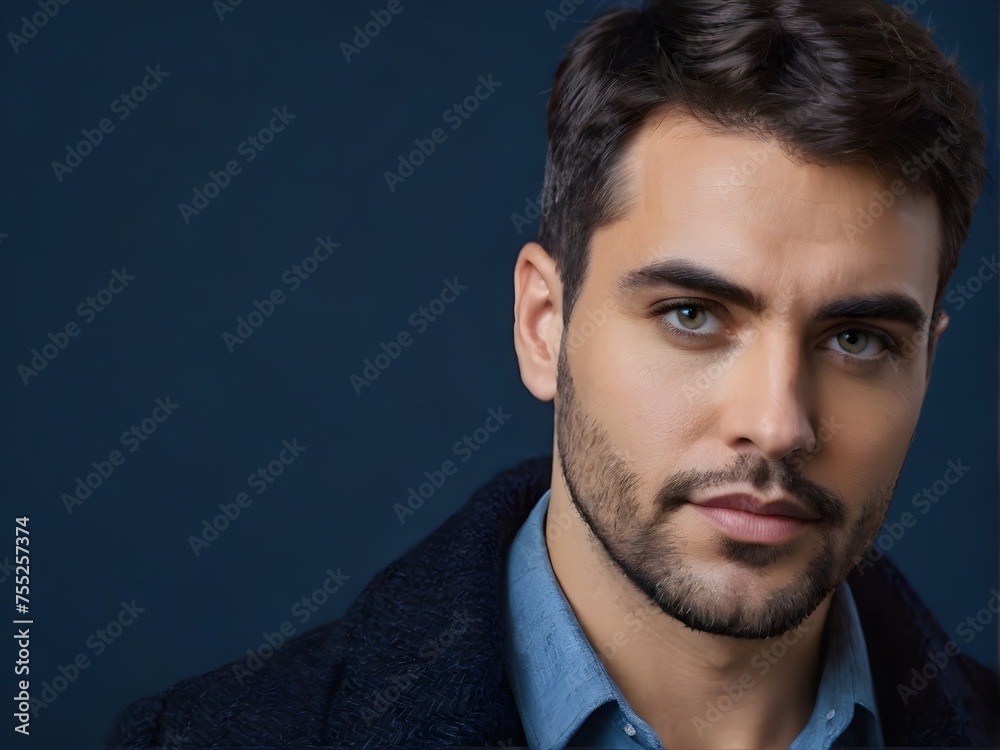 Fototapeta premium Portrait of handsome smiling man with expressive eyes, looking at camera