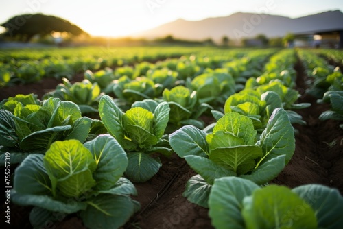 Rows of healthy green lettuce plants in a vast field, basking in the warm glow of the setting sun. The leaves appear vibrant and thriving under the beautiful sunset sky.