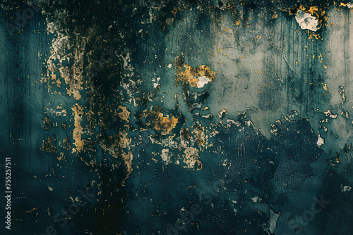 Dark blue green wall texture. Gradient. Deep teal color. Toned old rough concrete surface. Close - up. Abstract vintage background with space for design © Uliana