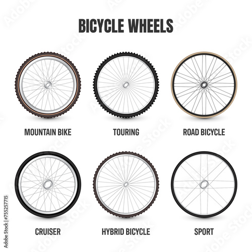 Realistic 3d retro bicycle wheels. Vintage bike rubber tyres, shiny metal spokes and rims. Fitness cycle, touring, sport, road and mountain bike. Vector illustration