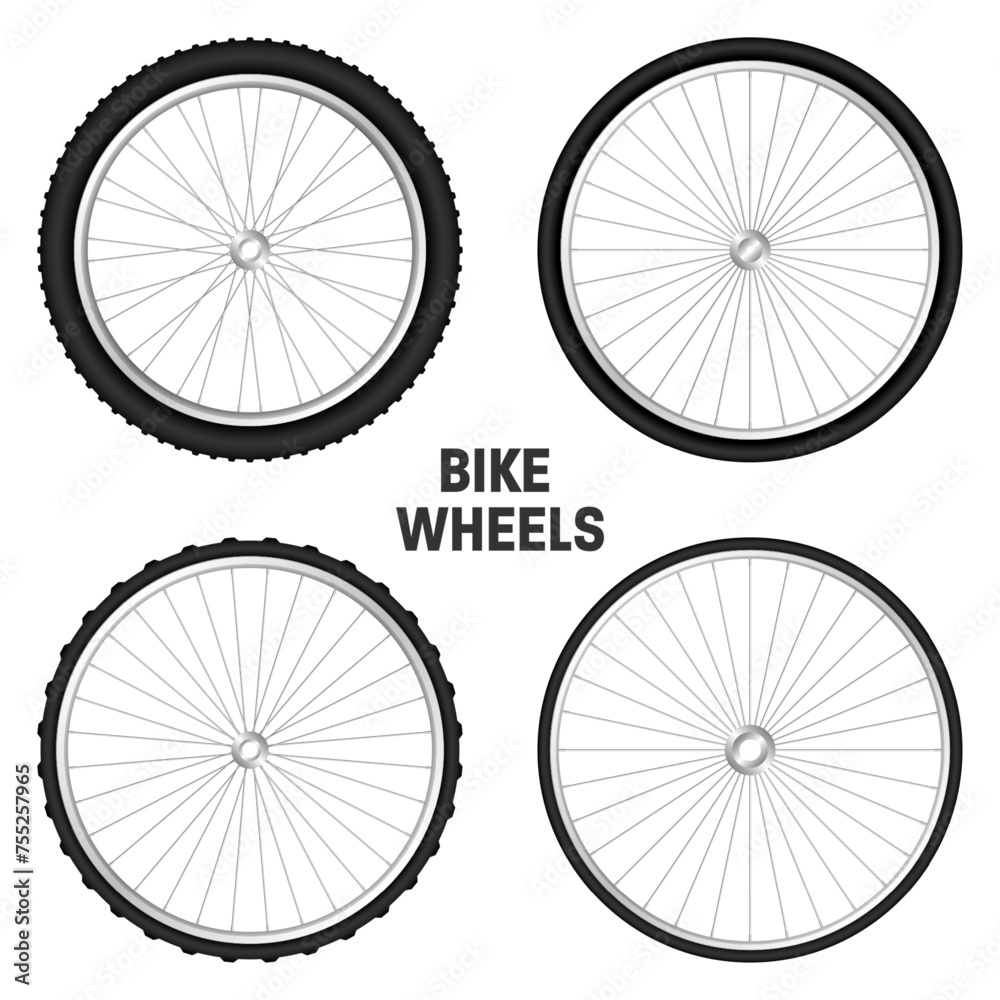 Realistic 3d bicycle wheels. Bike rubber tyres, shiny metal spokes and rims. Fitness cycle, touring, sport, road and mountain bike. Vector illustration Realistic 3d bicycle wheels. Bike rubber tyres, shiny metal spokes and rims. Fitness cycle, touring, sport, road and mountain bike. Vector illustration
