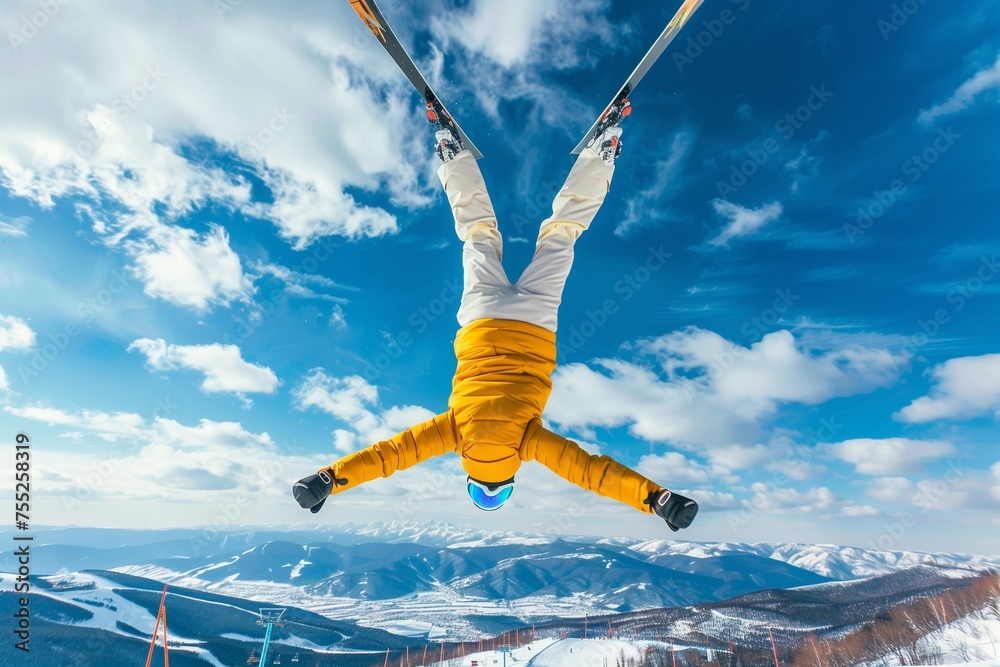 Skier jumping in the sky on the snow slopes in the mountain, impressive acrobatic ski jump, upside down, amazing winter activity on winter sports resort, I believe I can fly, athlete defying gravity - obrazy, fototapety, plakaty 