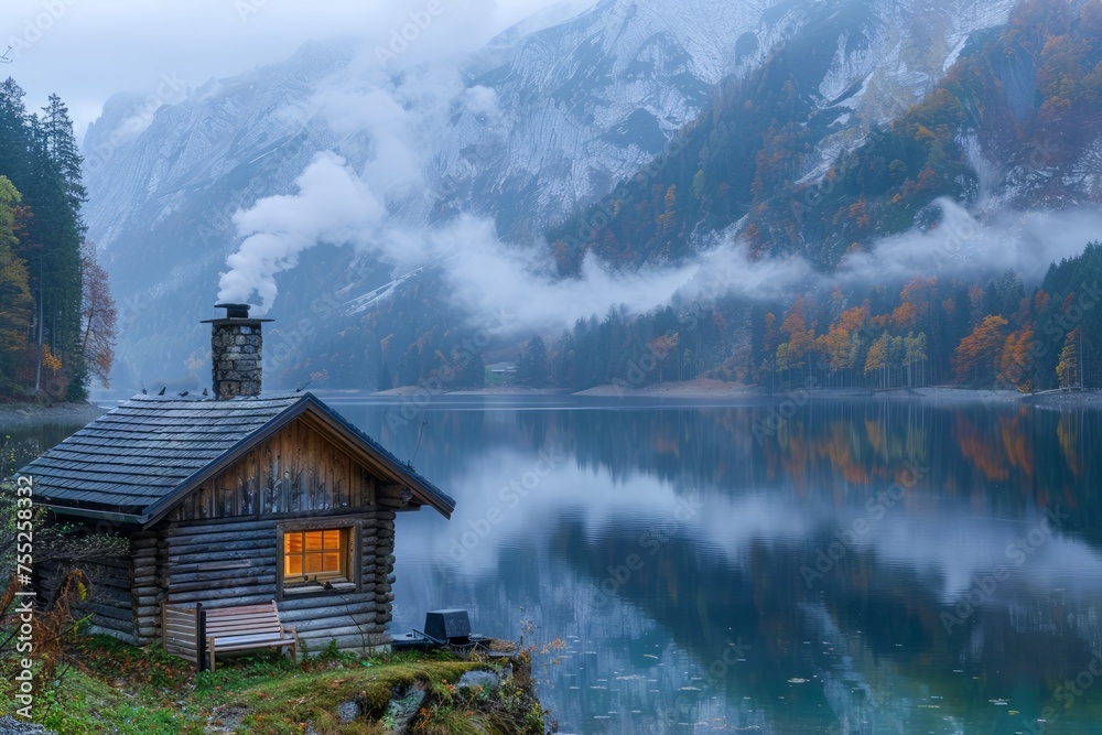 Fototapeta premium Tranquil Lakeside Cabin amidst Autumn Foliage on Misty Morning