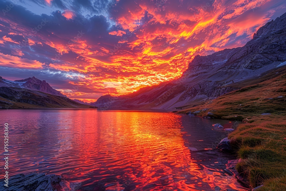 Majestic Sunset Over Serene Mountain Lake with Dramatic Sky and Vibrant Colors in Pristine Nature Landscape