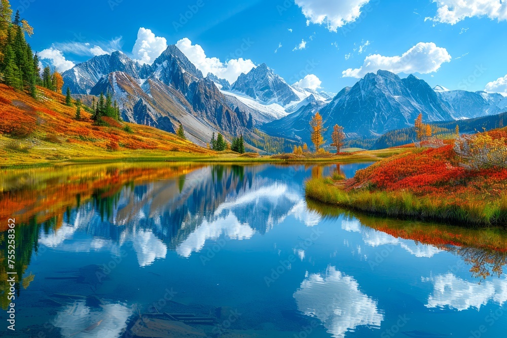 Obraz premium Breathtaking Autumn Landscape with Vibrant Foliage Reflecting in Calm Mountain Lake