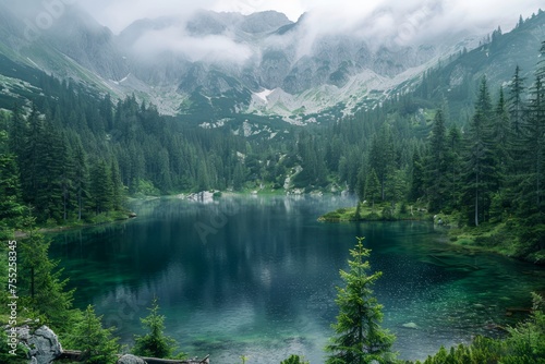 Serene Mountain Lake Landscape with Misty Forest and Majestic Peaks in Natural Parkland Scenery
