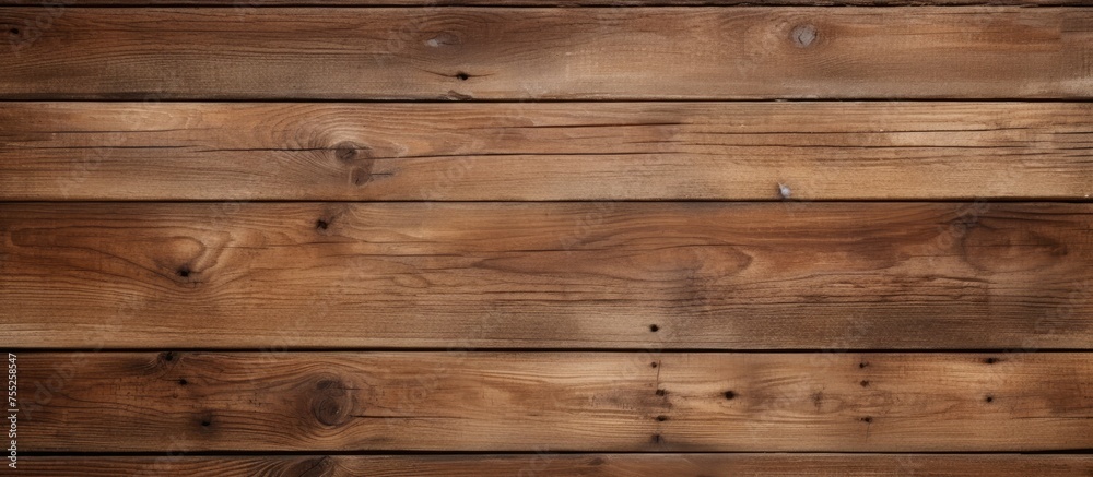 Fototapeta premium A detailed view of a wooden plank wall, showcasing the texture and grain of the wood. Each plank is fit tightly together, creating a seamless and solid structure.