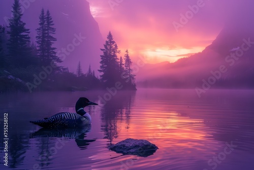 Serene Lake at Twilight with Loon Bird Silhouette and Mystical Fog in a Scenic Nature Landscape photo
