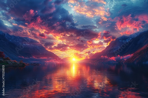 Majestic Sunset Over Tranquil Mountain Lake with Vibrant Skies Reflection
