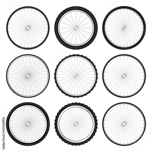Realistic 3d bicycle wheels. Bike rubber tyres, shiny metal spokes and rims. Fitness cycle, touring, sport, road and mountain bike. Vector illustration