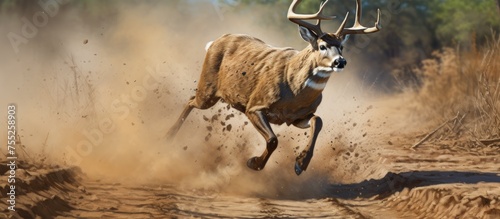 A fawn with furcovered horns is leaping gracefully through the air on a dirt road, surrounded by a picturesque landscape of trees and soil photo