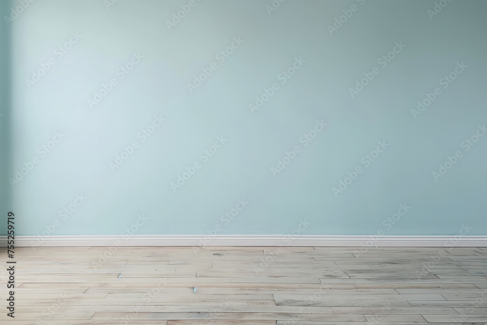 Serene Blue Wall and Wooden Floor in Minimalist Interior Design, Banner with copy space - obrazy, fototapety, plakaty 
