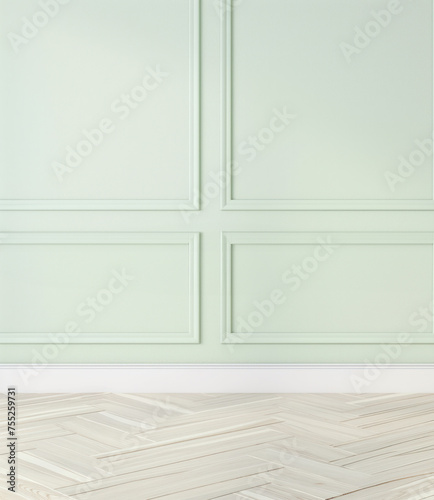 Minimalist Aesthetic in Interior Design  Soft Pastel Green Wall and Herringbone Floor. Banner with copy space