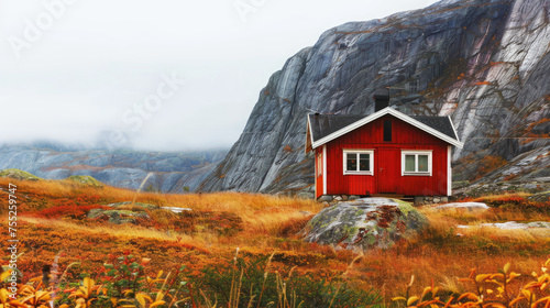 A solitary red cabin stands amidst autumnal vegetation with rocky cliffs and mist in the background evoking serene isolation