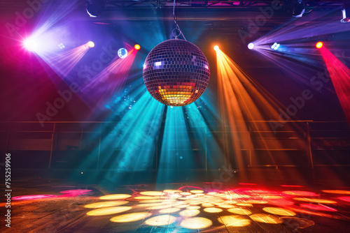 Illuminated Dance Floor Under Vibrant Disco Ball of 70's with Colorful Lights