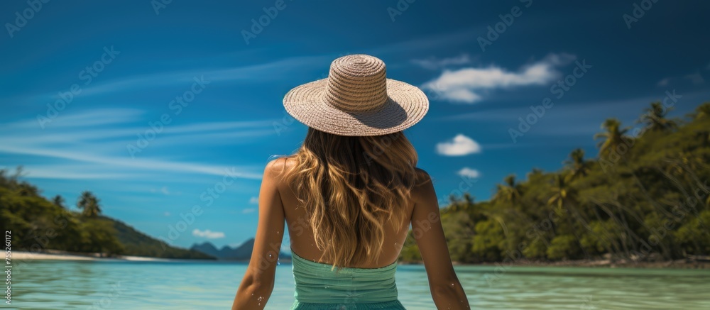 A pretty woman wearing a beach hat and swimsuit, standing in the water at a tropical beach during her vacation.