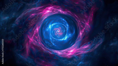 A vibrant digital illustration of a cosmic galaxy with swirling blue and pink nebulas against the dark expanse of space