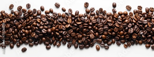 Panoramic border of roasted coffee beans isolated on a white background.