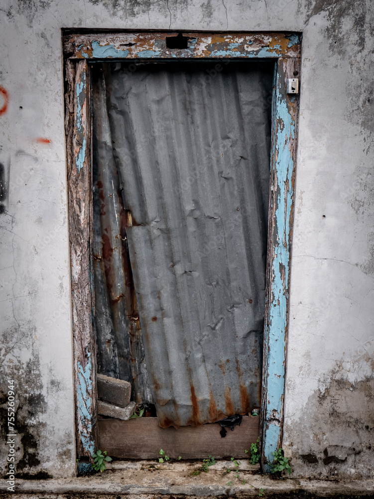 a damaged door covered with zinc boards in a house that has been abandoned by its owner
a damaged door covered with zinc boards in a house that has been abandoned by its owner