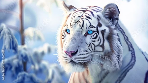 A white tiger's head and face in a snowy Indian forest during winter are captured in a close-up shot, with copy space for text. AI-Generated photo