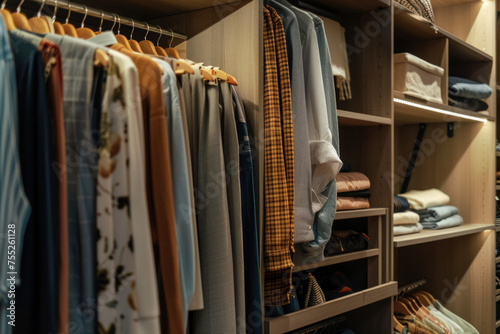 Organized wardrobe with a variety of clothes.
