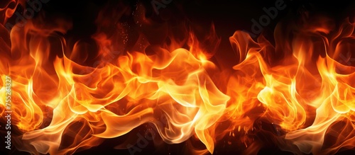 Close-up view of fiery flames engulfing a black background, showcasing a blazing inferno and the intricate texture of the intense fire.