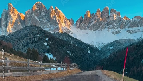 Spring landscape Dolomites Alps Santa Maddalena village Val di Funes valley South Tyrol Italy. High quality 4k footage photo