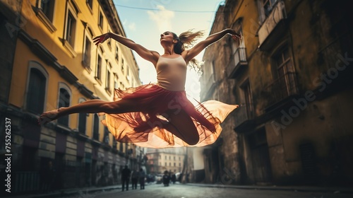Beautiful young ballerina dancing in a jumping style on the urban street
