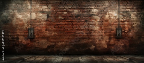 A room featuring an old prison brick wall and a wooden floor. The contrast between the rugged brick and the warm wood creates a rustic atmosphere.