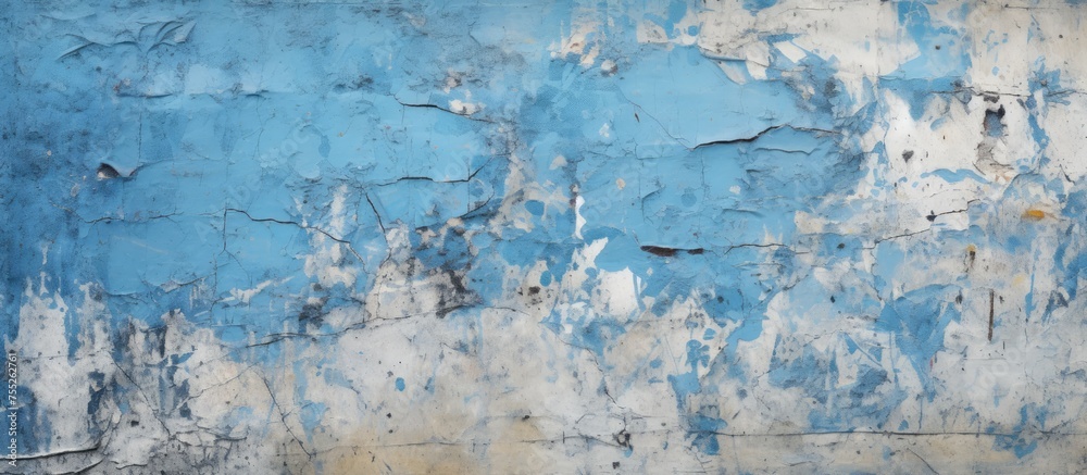A weathered concrete wall is painted in shades of blue and white, with the paint peeling off, revealing cracks and mold underneath. A weathered concrete wall is painted in shades of blue and white, with the paint peeling off, revealing cracks and mold underneath.