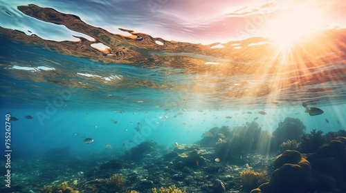 Beautiful blue ocean background with sunset rays and underwater view  tropical sea water
