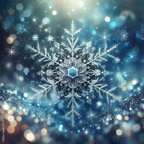 Close-Up of Hanging Blue and White Falling Snow Snowflakes with Garland Tree Ball Bauble Decorations on Winter Christmas Holiday Festive Bokeh Texture Shiny Light Effect Background New Year Art Design