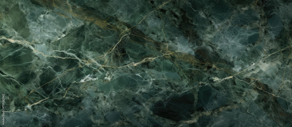 A green marble textured wall stands out against a black background, showcasing the natural beauty of the breccia marble tiles.