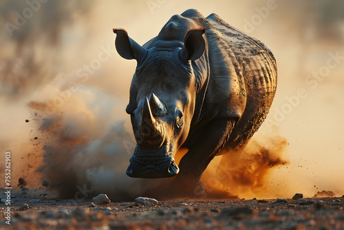 A Rhino Running in the Desert. Running Rhinoceros in the Savannah