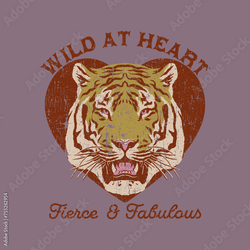 HAND DRAWN TIGER CAT ANIMAL WILD HEART LOVE DISTRESSED GRUNGE TYPOGRAPHY CUTE VINTAGE TSHIRT TEE PRINT FOR APPAREL MERCHANDISE