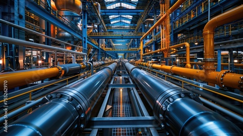 industry pipeline transport petrochemical gas and oil processing furnace factory line rack of heat chemical manufacturing equipment steel pipes plant with generative ai  photo