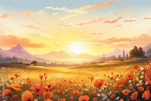 Watercolor painting of meadow with poppies and mountains at dawn, digital art, printable wall decor
