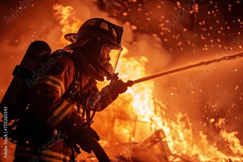 A firefighter in full gear battling a fierce blaze at night