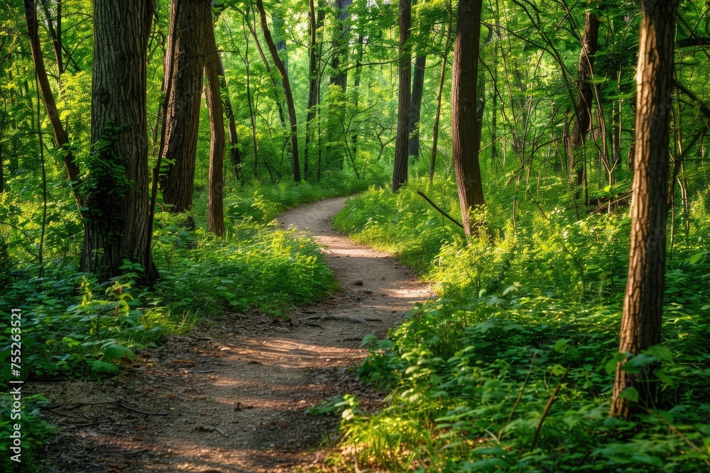 A scenic trail running path through a lush forest highlighting the beauty of nature