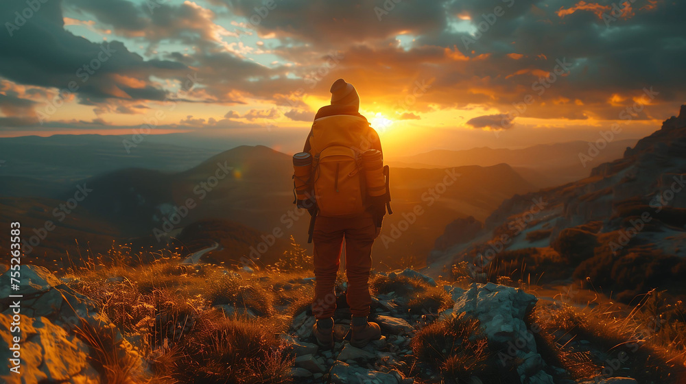 Adventurer Witnessing a Breathtaking Mountain Sunset