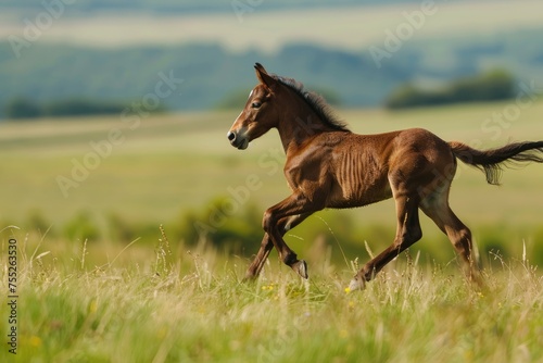 A spirited colt galloping freely across a verdant meadow photo